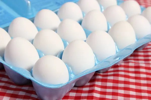Carton of Eggs on Rustic Table With Red Checkered Table Cloth