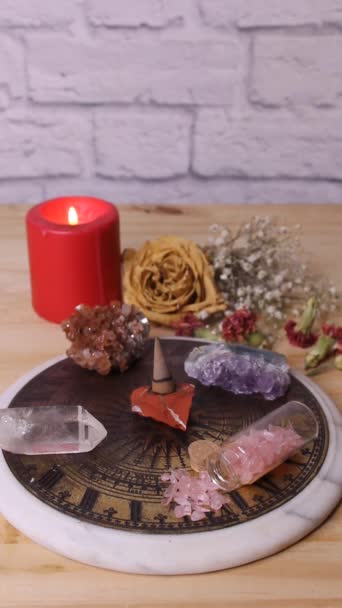 Pyramid Crystals Antique Sundial Incense Burning Meditation Table — Stock Video