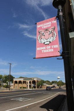 Troup, TX - 10 Eylül 2023: Teksas Merkez Tiyatrosu 'ndaki İmza ve Terk Edilmiş Binalar