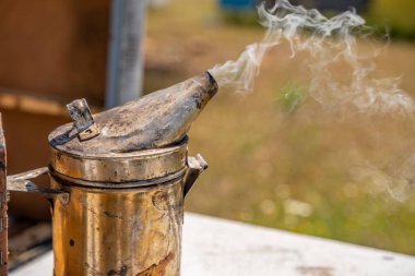 rustic smoker that is used in beekeeping to scare away the bees when checking the hives.