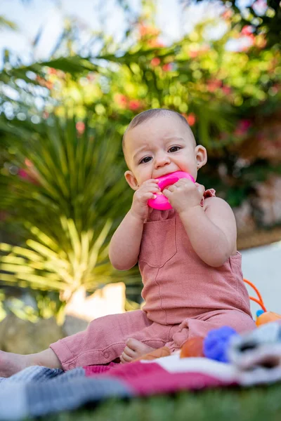 小婴儿坐在花园的家里 咬着甲醚来减轻牙齿的疼痛 第一颗牙齿的概念 口腔健康及婴儿的出牙 — 图库照片