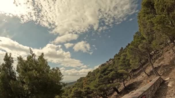 時間経過ビデオは 空を高速で移動松の木や雲と山の中腹を示しています — ストック動画
