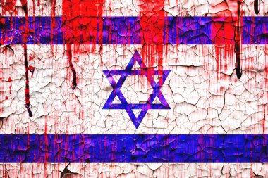 Kırık beton duvarın üzerine İsrail bayrağı boyanmış. İsrail bayrağı üzerinde kan izi var. hamas İsrail çatışma konsepti.