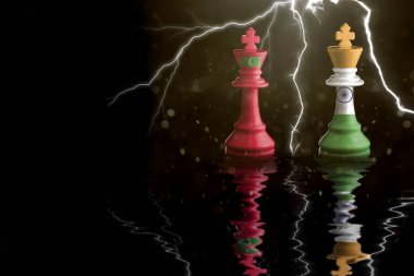 Maldivler ve Hindistan bayrakları satranç kralının üzerine boyanmış. 3 boyutlu illüstrasyon Hindistan Maldivler krizine karşı.