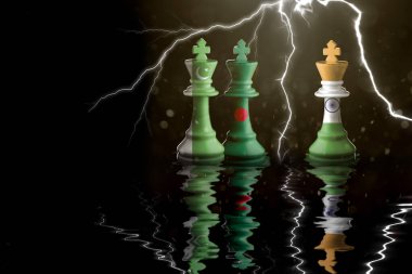 Hindistan, Bangladeş ve Pakistan bayrakları satranç kralının üzerine boyanmış. 3D illüstrasyon Hindistan, Bangladeş ve Pakistan krizine karşı.