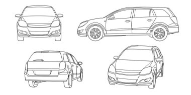 Klasik station wagon seti. Beş farklı açıdan çekilmiş. Ön, arka, yan ve üç boyutlu. Çizgi karalama vektörü çizimi