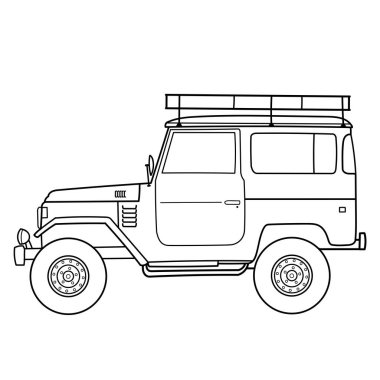Çatı rafı ve yan manzaralı arazi aracı. Vektör çizgisi çizimi çizimi
