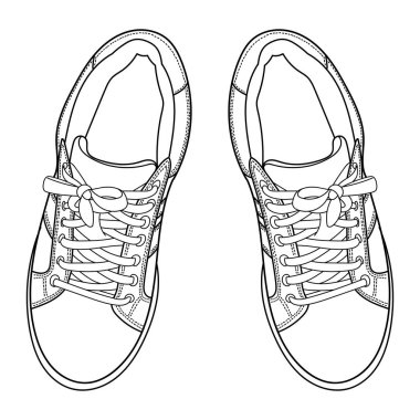 Spor ayakkabılı klasik el çizimi, beyaz arka planda spor ayakkabıları. Çizgi film karalama çizimi. Üst görünüm