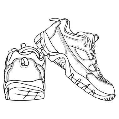 El yapımı maceralar ayakkabılar, yürüyüş ayakkabıları, spor ayakkabıları, yan ve dikiz manzarası. karalama vektörü illüstrasyonu