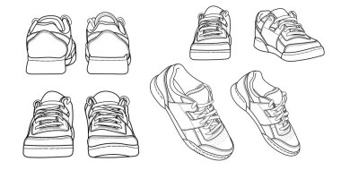 El çizimi spor ayakkabıları, spor ayakkabıları, üst manzara. Görüntü farklı - ön, arka, üst, yan, taban ve üç boyutlu görünüm. Doodle vektör illüstrasyonu.