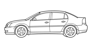 Klasik sedan araba. Yan görüntü. Taslak çizim vektör illüstrasyonu. Yazdırma ve boyama kitabı için tasarım