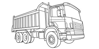 Doodle vektör hatları, geniş açılı ve ön manzaralı damperli kamyon hatları. Kamyon, yarı römork tankı. Petrol, yakıt tankeri. Yük, sıvı taşıma. Boyama kitabı sayfası için. Şehir kargo taşımacılığı