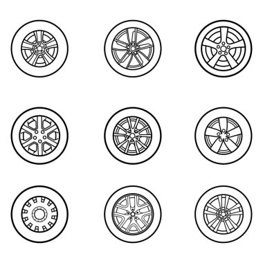 A collection of 9 car forged wheels and tires of various shapes: rim, hexagon and others. Vector outline doodle illustration.