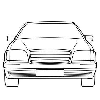 Classic luxury sedan car. Front view shot. Outline doodle vector illustration. Design for print, coloring book