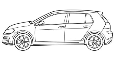 Outline drawing of a sport hatchback car from side view. Classic modern style. Vector outline doodle illustration. Design for print or color book.