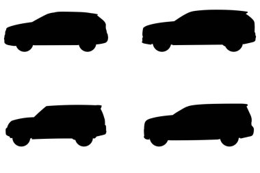 Set with 4 different silhouette types of suv cars in vector, side view. Doodle collection.