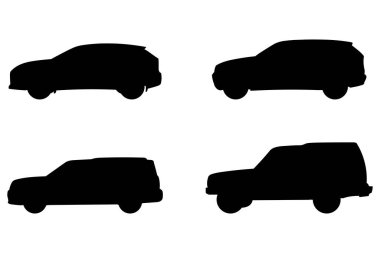 Set with 4 different silhouette types of suv cars in vector, side view. Doodle collection.