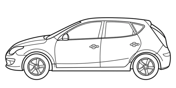 Yan Taraftan Bir Hatchback Arabanın Taslağı Vektör Çizgisi Çizimi Yazdırma — Stok Vektör