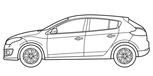 Esquema Dibujo Coche Hatchback Desde Vista Lateral Esquema Vectorial Ilustración — Vector de stock