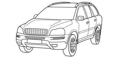 Klasik lüks SUV arabası. Çapraz araba ön görüş görüntüsü. Taslak çizim vektör illüstrasyonu. Yazdırma ve boyama kitabı için tasarım.