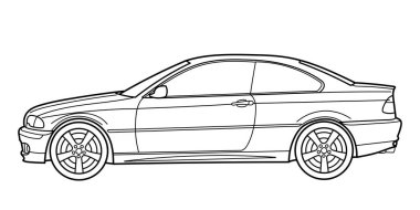 Outline drawing of a sport hatchback car from side view. Classic 90s, 00s style. Vector outline doodle illustration. Design for print or color book.