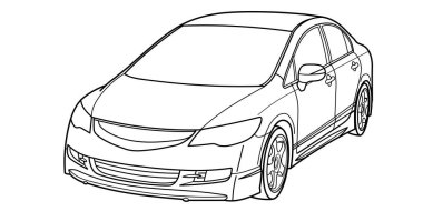 Classic sport sedan car. Front and side 3d view. Street racing style car. Outline doodle vector illustration for your design - coloring book or print.