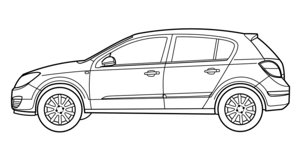 Esquema Dibujo Coche Hatchback Deporte Desde Vista Lateral Estilo Clásico — Vector de stock