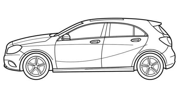 サイドビューからのスポーツハッチバック車の概要図面 クラシック90 00スタイル ベクトルアウトラインドアイラスト カラーブックのデザイン — ストックベクタ
