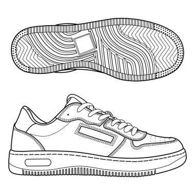 El çizimi detaylı spor ayakkabıları, spor ayakkabıları, üst ve yan görüş. Görüntü farklı - ön, arka, üst, yan, taban ve üç boyutlu görünüm. Doodle vektör illüstrasyonu.