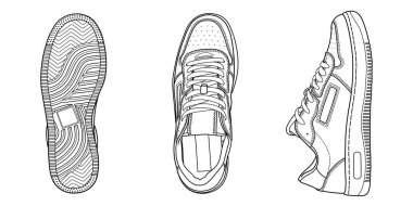 El çizimi detaylı spor ayakkabıları, spor ayakkabıları, üst ve yan görüş. Görüntü farklı - ön, arka, üst, yan, taban ve üç boyutlu görünüm. Doodle vektör illüstrasyonu.
