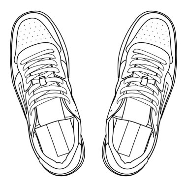 El çizimi detaylı spor ayakkabıları, spor ayakkabıları, üst ve yan görüş. Görüntü farklı - ön, arka, üst, yan, taban ve üç boyutlu görünüm. Doodle vektör illüstrasyonu.
