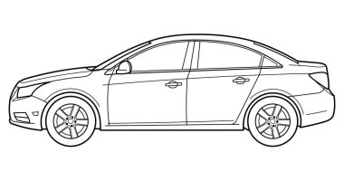 Klasik ticari lüks sınıf sedan araba. Beyaz arka planda 4 kapılı araba. Yan görüntü. Çizgi karalama vektörü çizimi