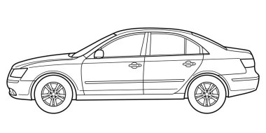 Klasik ticari lüks sınıf sedan araba. Beyaz arka planda 4 kapılı araba. Yan görüntü. Çizgi karalama vektörü çizimi
