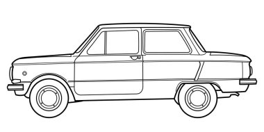 50 'li, 60' lı, 70 'li yılların klasik coupe arabası. Araba külüstür. Yan görüş. Taslak çizim vektör illüstrasyonu. Klasik skeç tarzında otomotiv kavramı