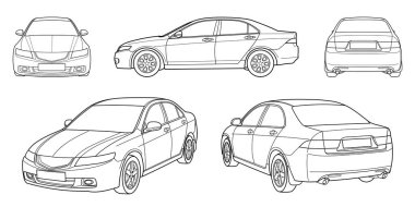 Klasik ticari lüks sınıf sedan araba. Beyaz arka planda 4 kapılı araba. Yan görüntü. Çizgi karalama vektörü çizimi