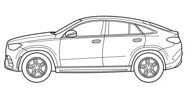 Classic luxury suv car. Crossover car front view shot. Outline doodle vector illustration. Design for print, coloring book