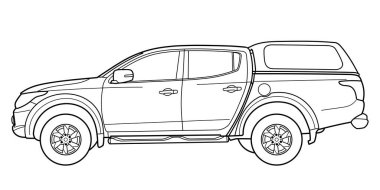Ivano-Frankivsk, Ukraine - 07 July 2024: Outline drawing of a Mitsubishi Triton or Mitsubishi L200 is a mid-size pickup truck modern style. Vector outline doodle illustration.	