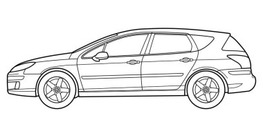 Klasik station wagon sınıfı sedan araba. Beyaz arka planda 5 kapılı araba. Yan görüntü. Çizgi karalama vektörü çizimi