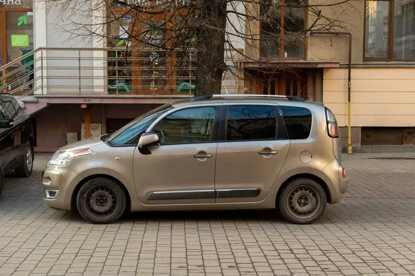 stock image Ivano-Frankivsk, Ukraine - 10 Oct 2023: Citron C3 Picasso is a car produced by the French motor company, mini MPV car, side view. Car parking on city street.