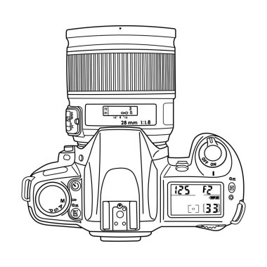 Eski bir SLR fotoğraf makinesi. Üst taraf, üst taraf. İzole karalama vektör çizimi