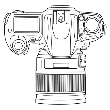 Eski bir SLR fotoğraf makinesi. Üst taraf, üst taraf. İzole karalama vektör çizimi