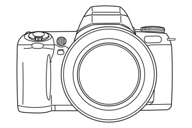 Eski bir SLR fotoğraf makinesi. Üst taraf, üst taraf. İzole karalama vektör çizimi