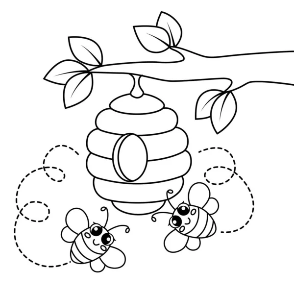 Leuke Tekenfilmbijen Vliegen Rond Bijenkorf Zwart Wit Vector Illustratie Voor Rechtenvrije Stockillustraties