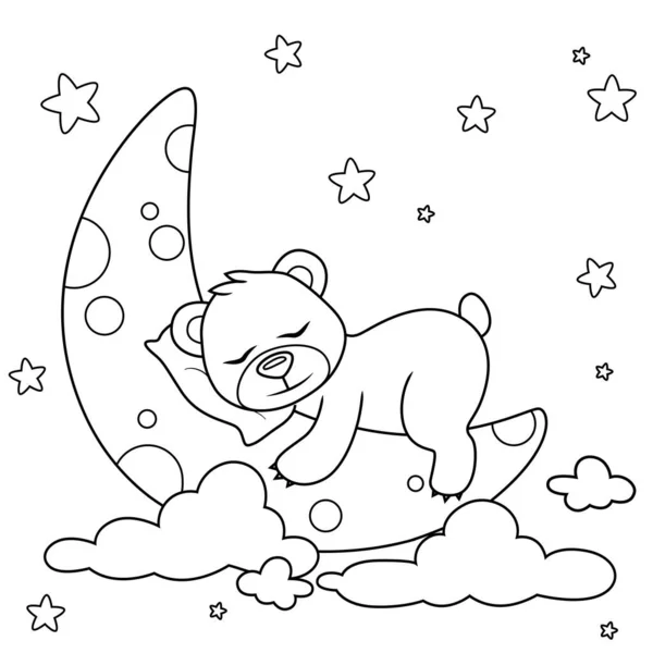 可爱的卡通熊在云层中睡在月亮上 彩色书籍的黑白矢量图解 — 图库矢量图片
