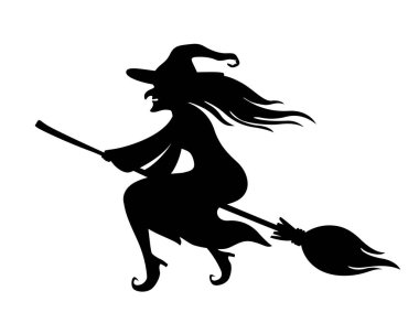 Cadılar Bayramı cadısı süpürgeyle uçuyor. Siyah siluet