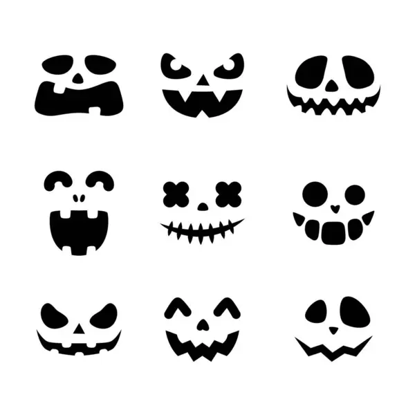 Sada Halloweenských Dýní Vyřezávaných Tváří Černé Siluety Vektorové Ilustrace Izolované — Stockový vektor