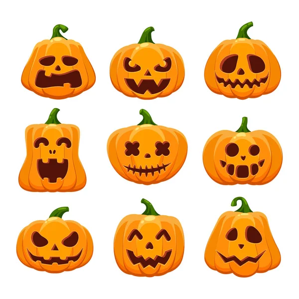 Een Set Cartoon Halloween Pompoenen Vector Illustraties Geïsoleerd Witte Achtergrond Stockvector