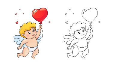 Kalp şeklinde balonu olan sevimli çizgi film Aşk Tanrısı. Sevgililer Günü için bir illüstrasyon. Renkli kitap için siyah ve beyaz vektör illüstrasyonuName