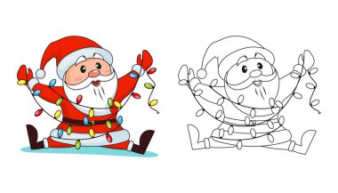 Noel Baba, Noel ışıklarına takıldı. Mutlu Noeller ve mutlu yıllar. Renkli kitap için siyah ve beyaz vektör illüstrasyonuName