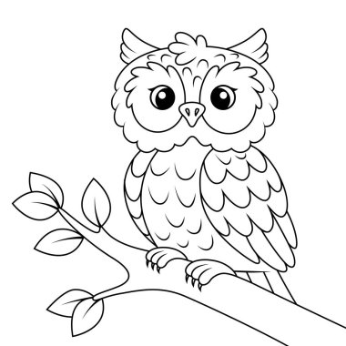 Sevimli çizgi film baykuşu. Çocuk boyama kitabı için siyah ve beyaz vektör çizimi